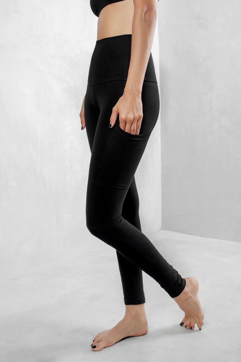 Black High Waist Leggings with Pockets, Organic Cotton Leggings, High Waist Yoga Pants, Eco Active Wear, Best Leggings, Black Leggings, Yoga image 6
