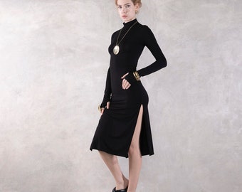 Elegant Long Sleeve Split Dress with Turtle Neck - Bodycon Style, Sexy Evening Wear, Long Sleeve, Sexy Dress, Turtle Neck.