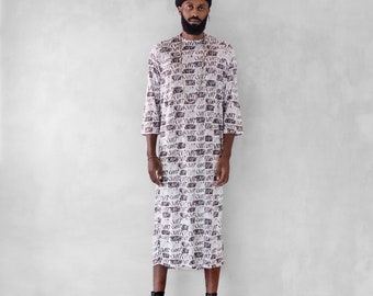 Mens Kaftan Long Sleeve Kaftan, CVNT, White Printed T-Shirt, Oversize Lounge Wear, Eco Fashion