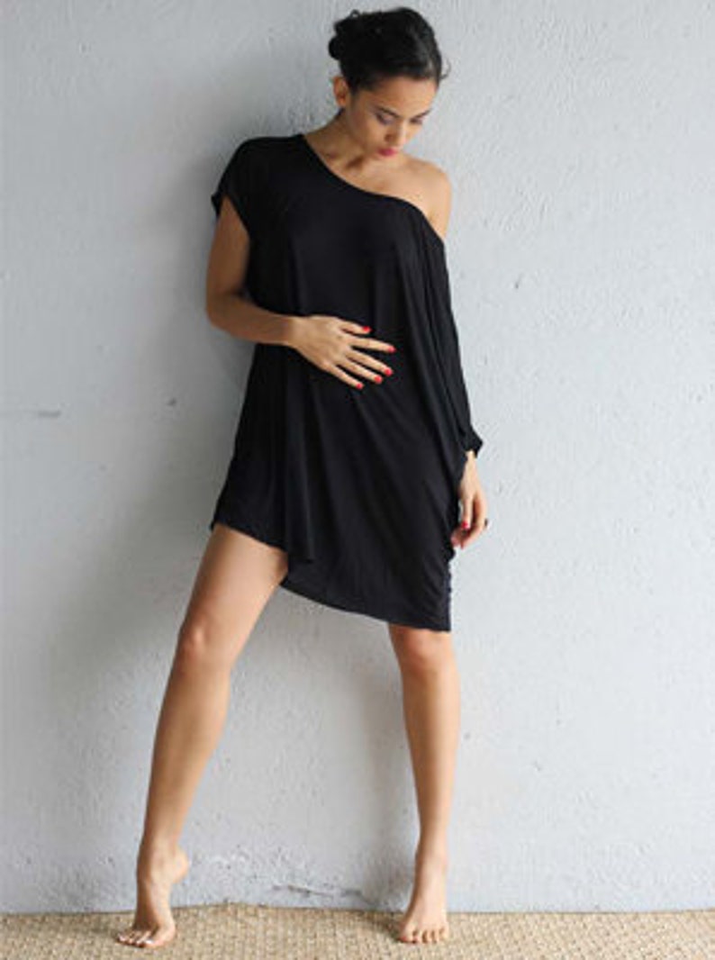 Lounge Wear, Off the Shoulder Dress , Oversized Dress, Black Tunic, Black Tshirt Dress, Black Tunic Dress, Asymmetric Top, Draped Top image 5