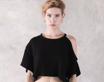 Hemp Gauze Crop Top Black, Crop T-Shirt, Black Crop Top, Women Crop Top, Minimalist Basic, Perfect Gift For Her, Eco Friendly Women Shirt.