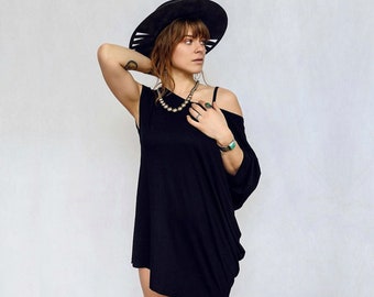 Lounge Wear, Off the Shoulder Dress , Oversized Dress, Black Tunic, Black Tshirt Dress, Black Tunic Dress, Asymmetric Top, Draped Top