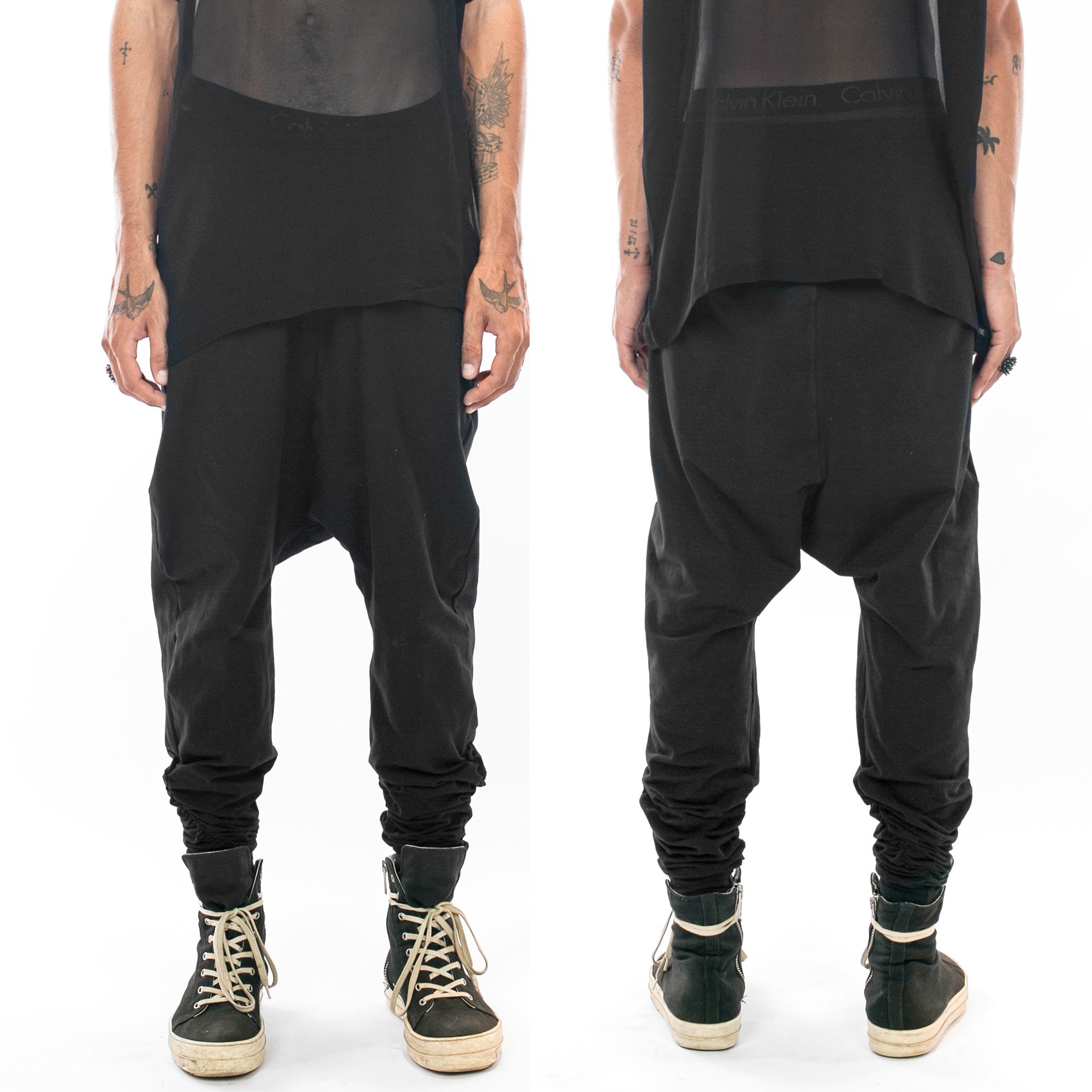 Boho Mens Low Crotch Pants, , Black Baggy Pants, Gypsy Mens Trousers
