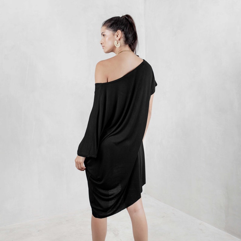 Lounge Wear, Off the Shoulder Dress , Oversized Dress, Black Tunic, Black Tshirt Dress, Black Tunic Dress, Asymmetric Top, Draped Top image 3