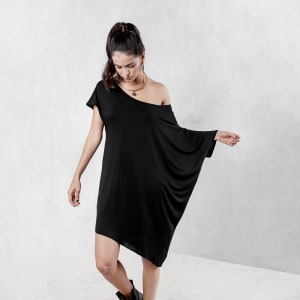 Lounge Wear, Off the Shoulder Dress , Oversized Dress, Black Tunic, Black Tshirt Dress, Black Tunic Dress, Asymmetric Top, Draped Top image 8