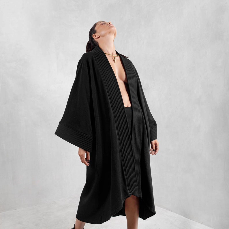 Black Afghan Coat, Boho Wrap Kimono, Handmade Urban Jacket, Penny Lane Wrap Robe, Bohemian Cardigan, Wide Sleeves Tunic, Plus Size Overcoat image 5