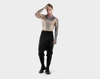 Pantaloni sportivi da uomo neri, pantaloni Boho Yoger, pantaloni Aladdin Men Low Crotch, pantaloni Ninja neri, pantaloni streetwear giapponesi, cotone organico per uomo