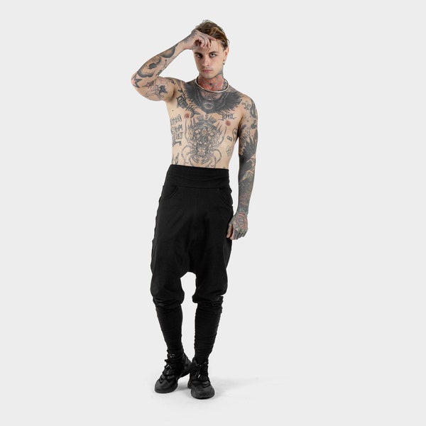 Black Men Sweatpants, Boho Yoger Pants, Aladdin Men Low Crotch Pants,  Black Ninja Pants, Japanese  Streetwear Pants, Organic Cotton for Men