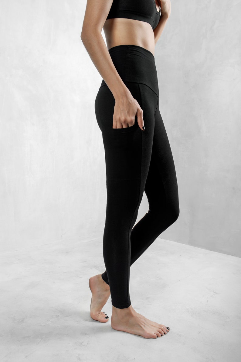 Black High Waist Leggings with Pockets, Organic Cotton Leggings, High Waist Yoga Pants, Eco Active Wear, Best Leggings, Black Leggings, Yoga image 5