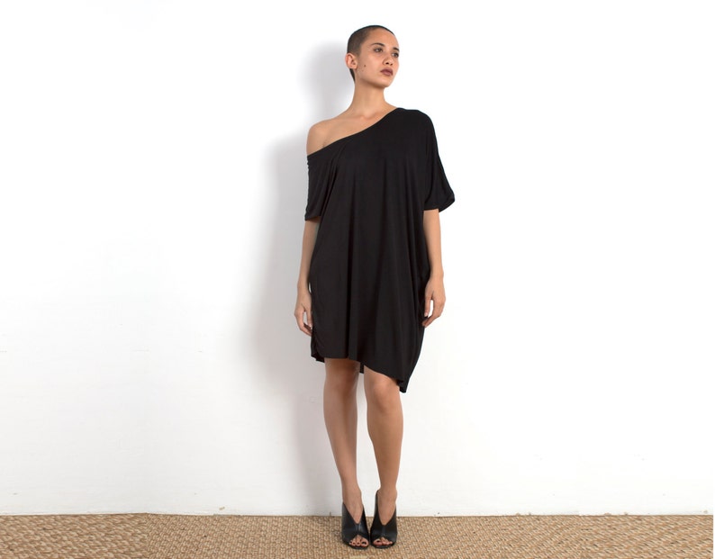 Black T-Shirt Dress, Off the Shoulder Dress, T-Shirt Dress, Oversized Dress, Black Tunic, Eco Fashion, Girl Gifts, Asymmetric Shirt, image 7