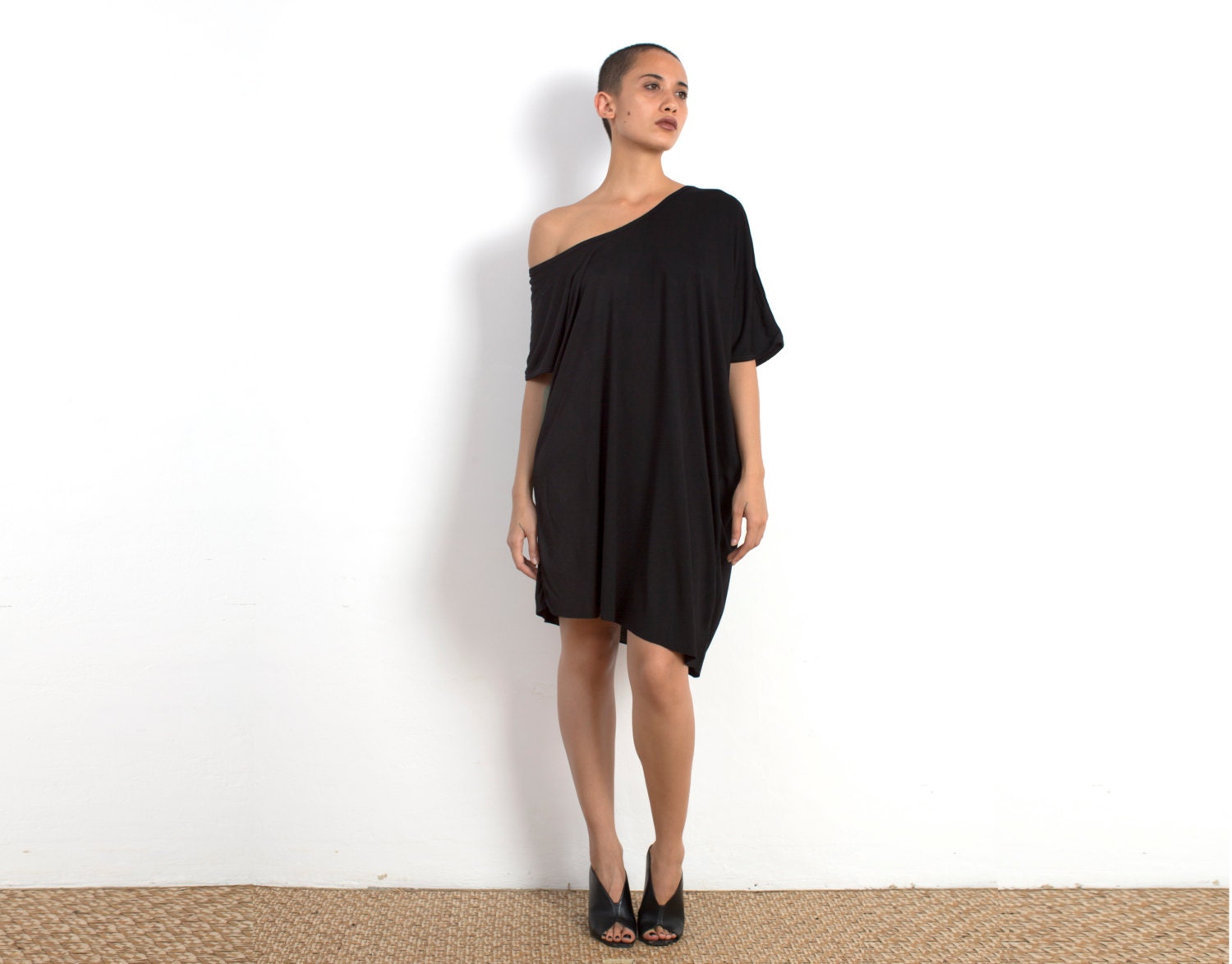 Black off the cheap shoulder t shirt dress