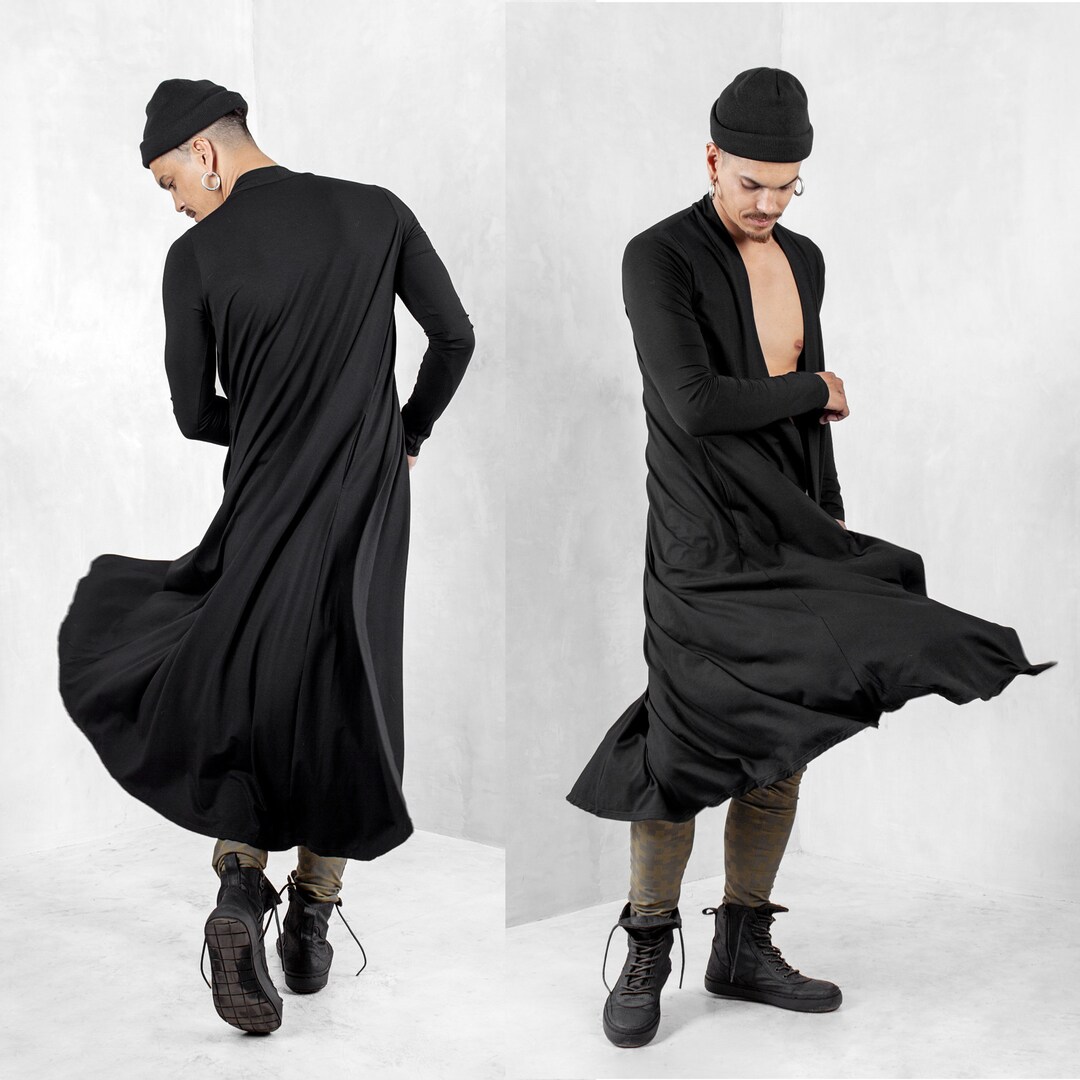 Black Long Cardigan, Mens Cardigan, Bohemian Outerwear, Mens Festival
