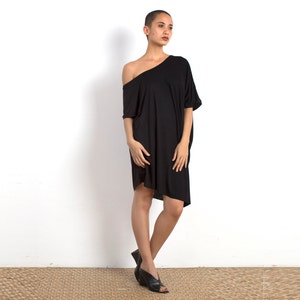 Black T-Shirt Dress, Off the Shoulder Dress, T-Shirt Dress, Oversized Dress, Black Tunic, Eco Fashion, Girl Gifts, Asymmetric Shirt, image 6