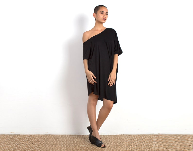 Black T-Shirt Dress, Off the Shoulder Dress, T-Shirt Dress, Oversized Dress, Black Tunic, Eco Fashion, Girl Gifts, Asymmetric Shirt, image 6