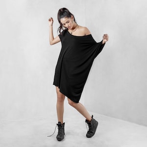 Lounge Wear, Off the Shoulder Dress , Oversized Dress, Black Tunic, Black Tshirt Dress, Black Tunic Dress, Asymmetric Top, Draped Top image 7