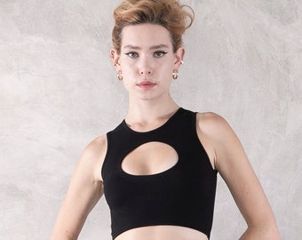 Cut Out Crop Top, Sexy Crop Top , Black Crop Top, Organic Cotton Top, Black Crop Top, Stylish Gym Outfit