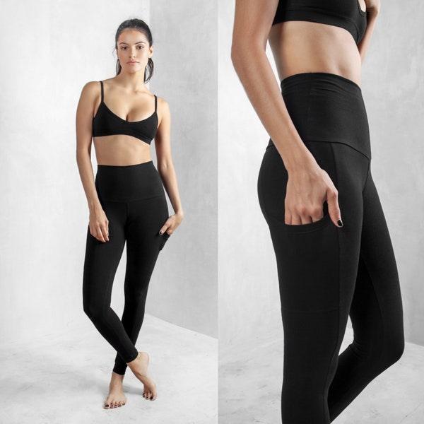 Schwarze Leggings mit hoher Taille und Taschen, Leggings aus Bio-Baumwolle, Yogahose mit hoher Taille, Eco Active Wear, Beste Leggings, Schwarze Leggings, Yoga