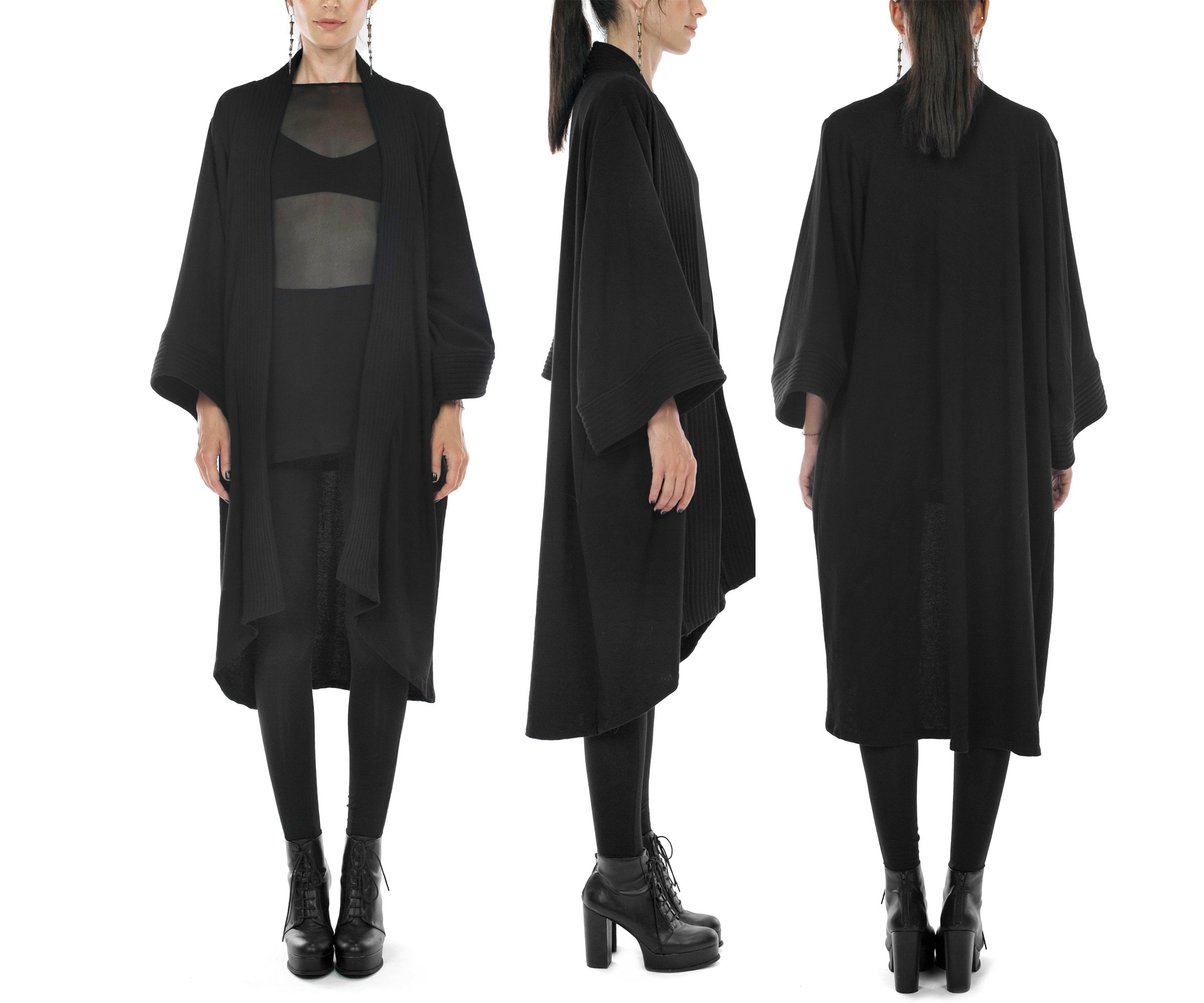 Women Black Winter Overcoat Jacket, Organic Cotton Chunky Coat Kimono Jacket, Black Goth Penny Lane Robe, Warm Cozy Kimono Robe Cardigan