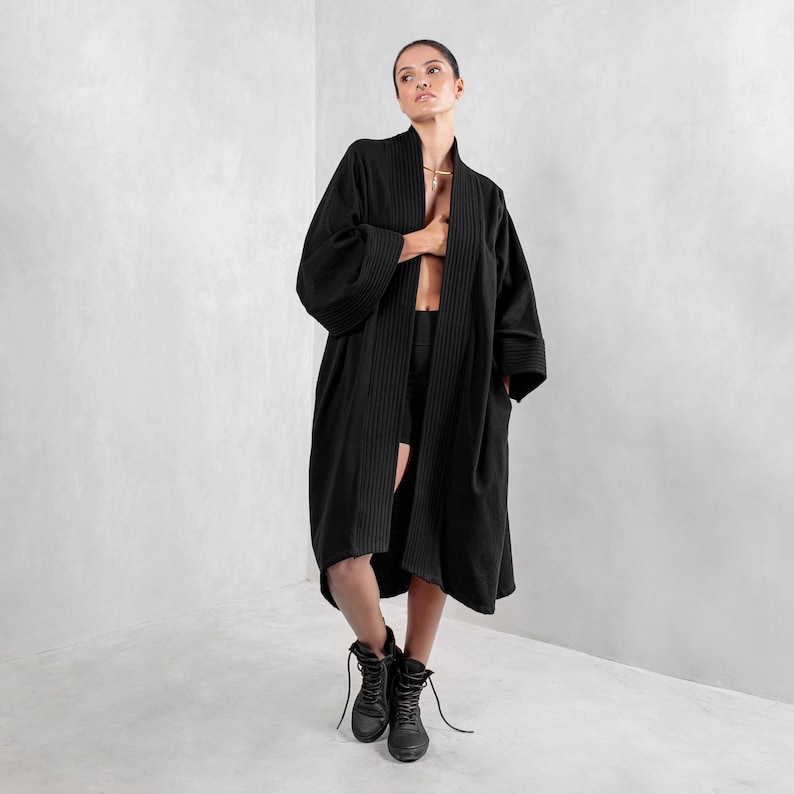 Black Afghan Coat, Boho Wrap Kimono, Handmade Urban Jacket, Penny Lane Wrap Robe, Bohemian Cardigan, Wide Sleeves Tunic, Plus Size Overcoat image 2