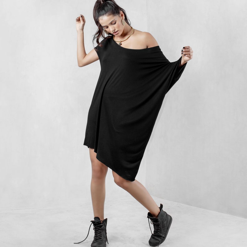 Lounge Wear, Off the Shoulder Dress , Oversized Dress, Black Tunic, Black Tshirt Dress, Black Tunic Dress, Asymmetric Top, Draped Top image 2