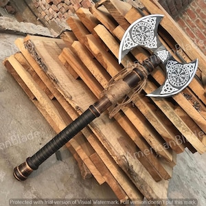 Handmade Viking Axe: Forged Steel Double Blade, Norse Runes & Leather Sheath