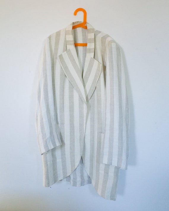 80s Linen Cream Striped Open Jacket