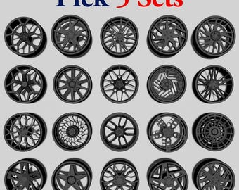 Pick (5 SETS) 1/64 scale Rims with Treaded tires