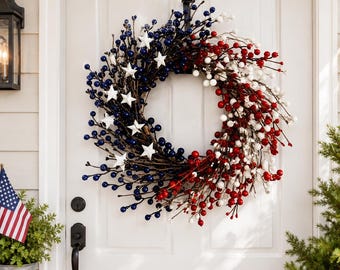 Patriotic Star Berry Wreath | 4th of July Celebration Wreath | USA 250th Anniversary Decoration | Red White and Blue Front Door Hanger