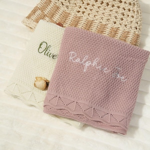 Personalized Embroidered Baby Name Blanket, Baby Shower Gift, Pink Knit Blanket for Girl, Custom Name Baby Blanket, Knitted Baby Gift