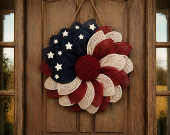 American Flag Wood Flower Wreath | 4th of July Door Hanger | Patriotic Wood Wreath | USA 250th Anniversary Door Hanger | Independence Gift