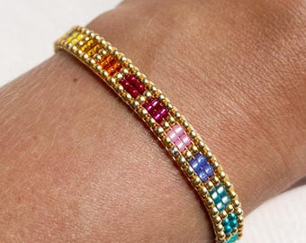 Handmade Rainbow Beaded Stacking Bracelet: 18K Gold Plated Miyuki Glass Jewelry
