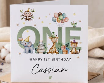 Personalized Son Birthday Card, 1st Birthday Card, Custom Animal First Birthday Card for Boy, Cute Jungle Birthday Keepsake