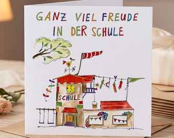 Personalized Back to School Congratulations Card, First Day of School Greeting Card, Gift for Student, Colorful Schoolhouse Illustration