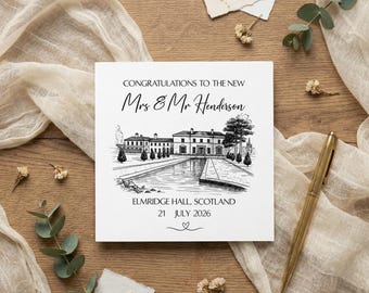 Custom Wedding Venue Illustration Card, Personalized Couples Names & Date, Black and White Line Art Sketch, Thank You or Congratulations Kee