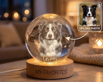 Personalized Pet Photo Night Light, Crystal Ball Memorial for Dog or Cat, Custom Pet Loss Gift with Engraved Base,Gifts for pet lovers