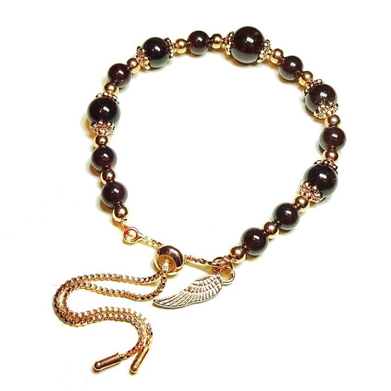 Dark Red Garnet /& Rose Gold Plated Gemstone Slider Chain Bracelet