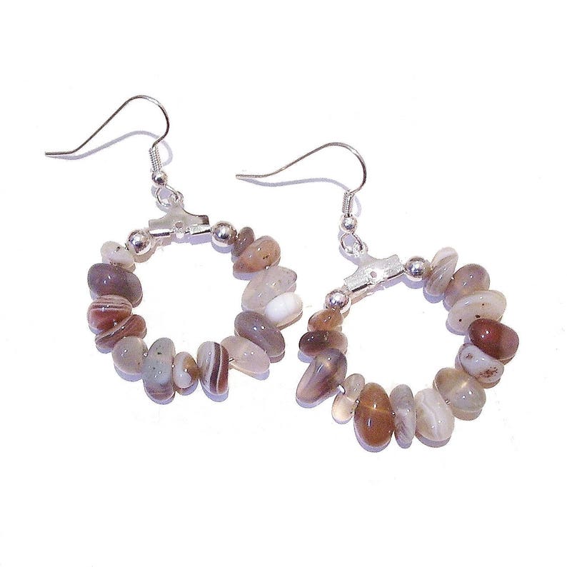 Brown Grey Botswana Agate Gemstone Chip Hoop Earrings 25mm