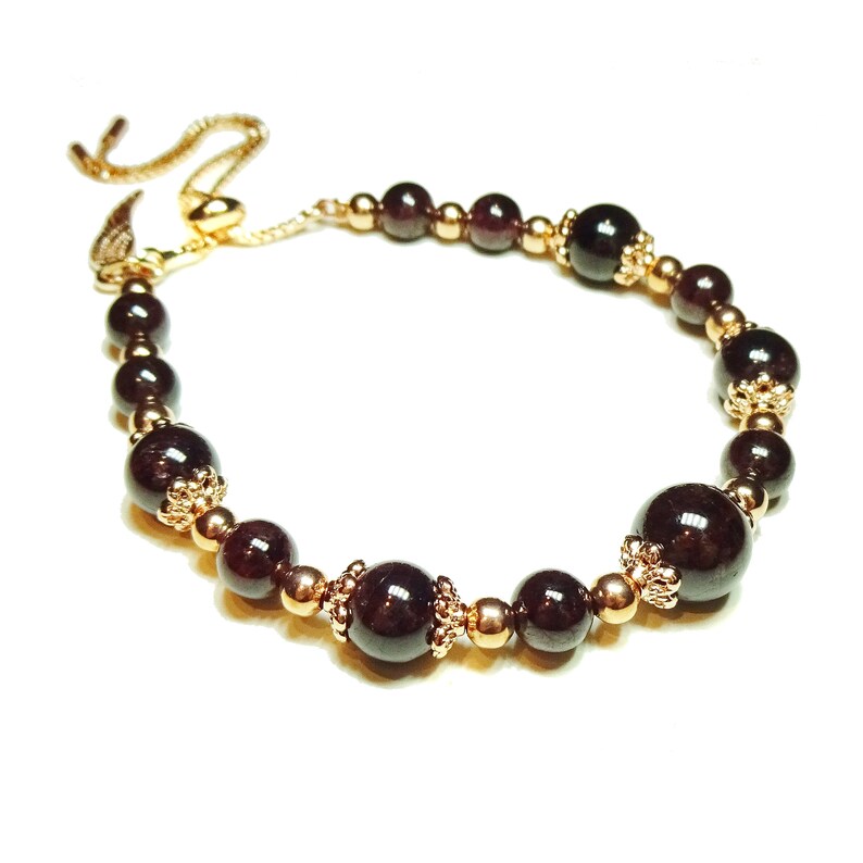Dark Red Garnet /& Rose Gold Plated Gemstone Slider Chain Bracelet