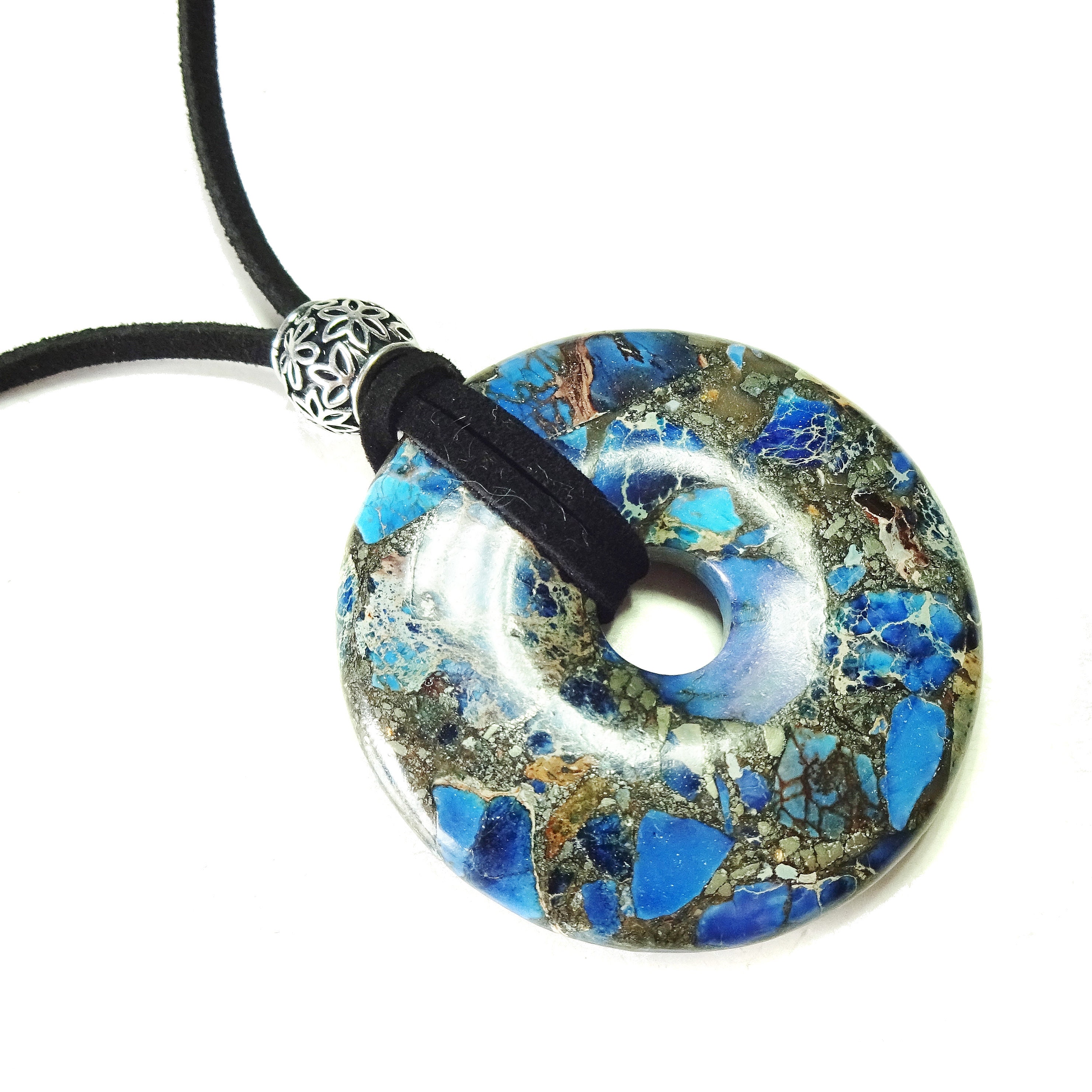 LARGE SIZE 50mm Grey PYRITE Stone Donut Pendant Bead /& Cord