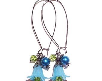 Lucite Lily Flower Cluster Earrings - Teal, Green & Gunmetal