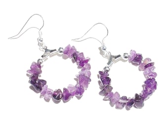 Purple Amethyst Gemstone Chip Hoop Earrings 25mm
