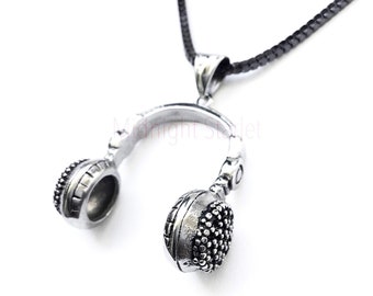 Headphones Necklace. Music Lover Jewelry. Stainless Steel Pendant. DJ Gift. Audiophile. Black Box and Gold Snake Chains. Music Producer.
