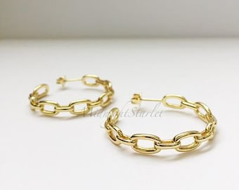 Throwback 90's Smooth Chain Link Hoop Earrings. 24k Gold Filled. Date Night Out. Gift Box Included. Free US Shipping.