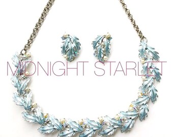 Vintage Art Deco Bridal Jewelry Set. Crystal and Pearl Leaf Necklace with matching Clip-On Earrings. Something Blue. OOAK. Heirloom Gift.