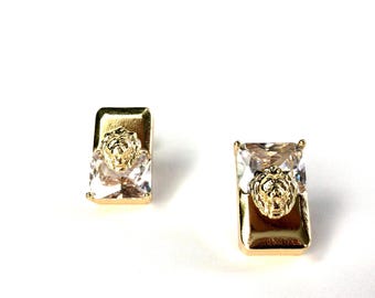 24k Gold Plated Lion Stud Earrings. Rectangular Crystal Statement Earrings. Modern Luxury Gold Jewelry. Designer Inspired Gift For Her.