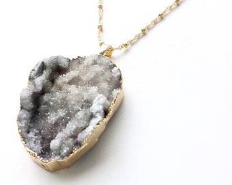 ROSALIE Grey Sky Druzy Necklace. Matte Gold Chain. FAST Shipping w/ Tracking for US Buyers. Will Arrive to you in a Gift Box w/ Ribbon.