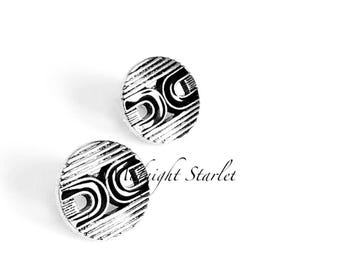 Art Deco Statement Stud Earrings. Black Silver Geometric Earrings. 22mm Acrylic Studs. Retro Modernist Jewelry. Bold Graphic Design.