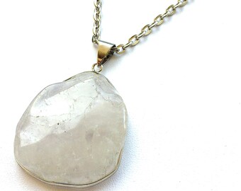 Natural Agate Slice Necklace in Sterling Silver with Rhodium Chain. Earthy Raw Stone Pendant Jewelry. Statement Piece. Winter Vibe.