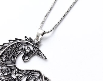 Fantasia Unicorn Necklace in Antique Silver or Antiqued Brass. Fast Shipping w/Tracking for US Buyers. Gift Box w/Ribbon Included.