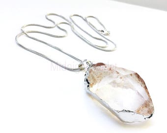 Crystal Pendant Necklace, Raw Quartz Jewelry, Silver Snake Chain, Statement Gift, Moonlight Style, Handmade in LA, Edgy Chic.